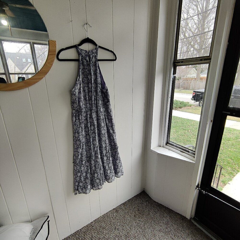 Halter Dress in Light Lavender Floral. Rouched Neckline for interest Fully lined